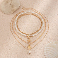 Thumbnail for Boho 4Pcs Crystal Inlaid Starfish Conch Pendant Pearl Chain Necklace Set