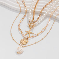 Thumbnail for Boho 4Pcs Crystal Inlaid Starfish Conch Pendant Pearl Chain Necklace Set