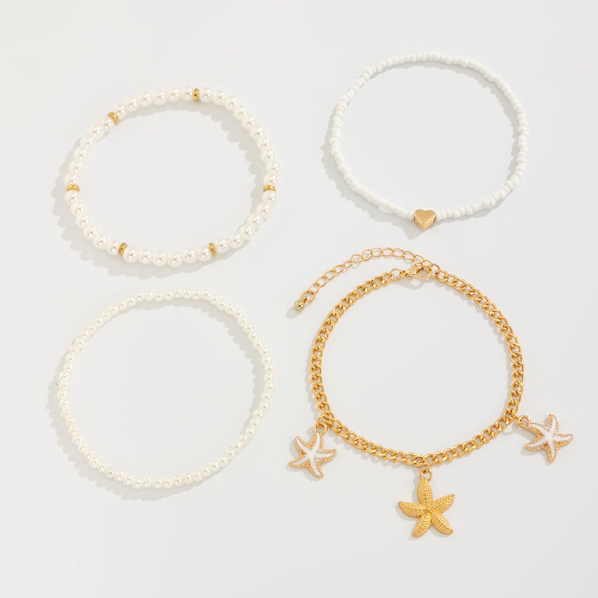 Boho 4Pcs Enamel Starfish Charm Pearl Seed Bead Anklet Set - ArtGalleryZen