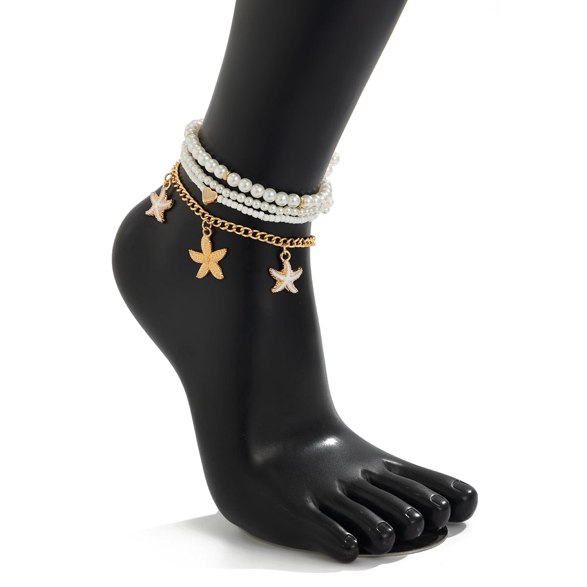 Boho 4Pcs Enamel Starfish Charm Pearl Seed Bead Anklet Set - ArtGalleryZen