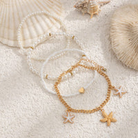 Thumbnail for Boho 4Pcs Enamel Starfish Charm Pearl Seed Bead Anklet Set - ArtGalleryZen