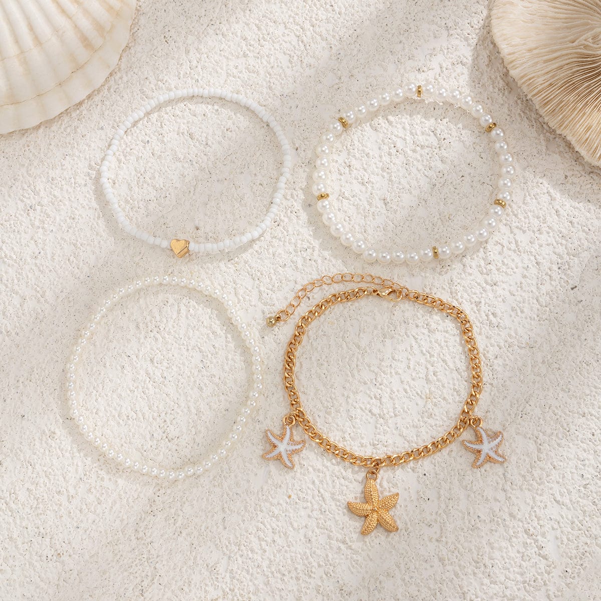 Boho 4Pcs Enamel Starfish Charm Pearl Seed Bead Anklet Set - ArtGalleryZen