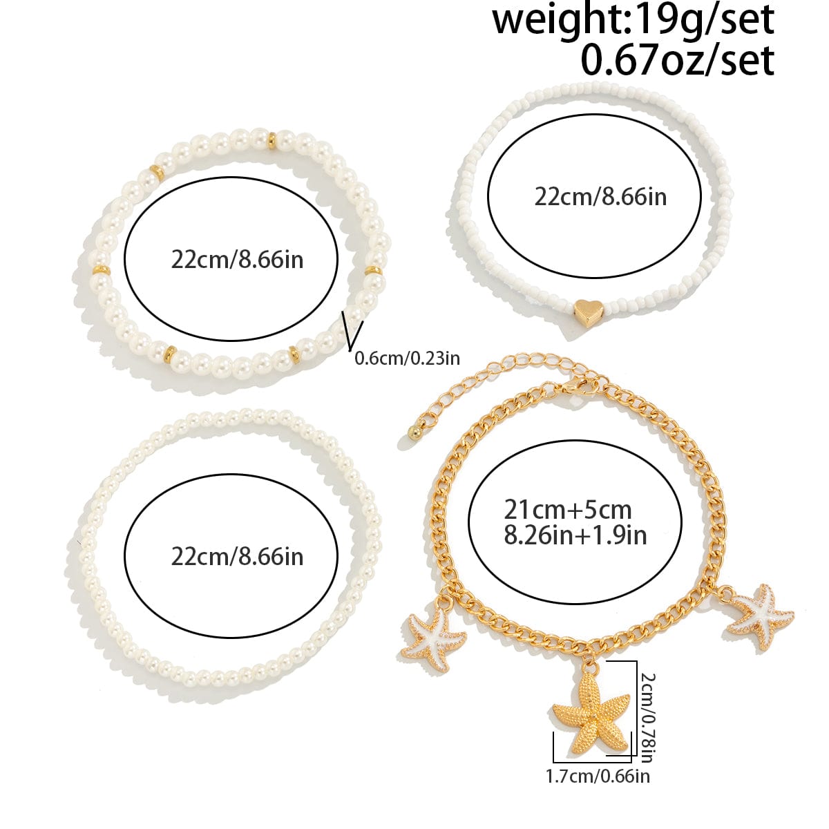 Boho 4Pcs Enamel Starfish Charm Pearl Seed Bead Anklet Set - ArtGalleryZen
