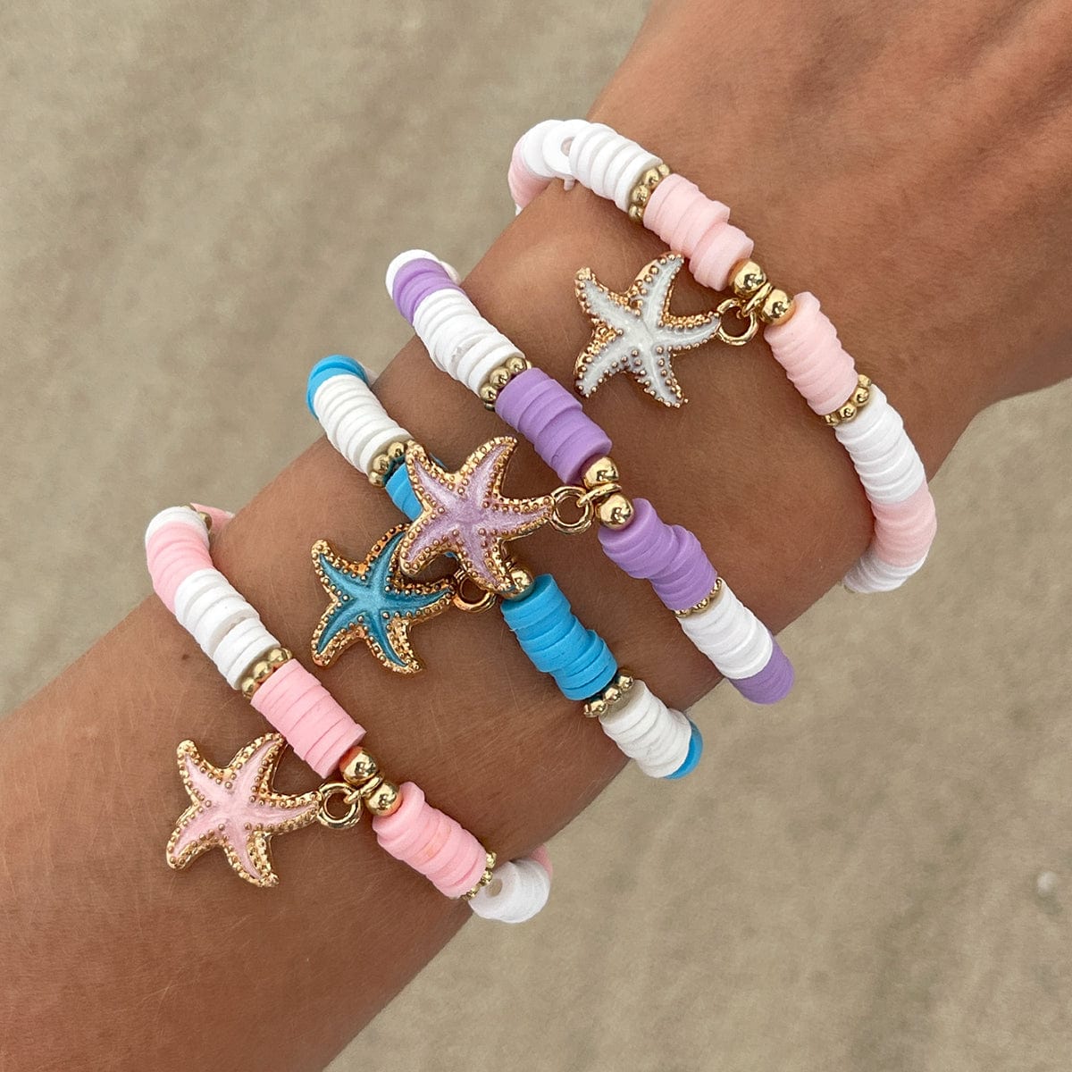 Boho 4pcs Enamel Starfish Charm Polymer Clay Beaded Bracelet Set - ArtGalleryZen