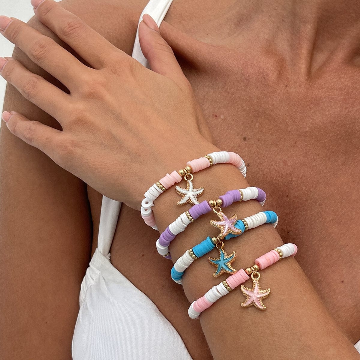 Boho 4pcs Enamel Starfish Charm Polymer Clay Beaded Bracelet Set - ArtGalleryZen