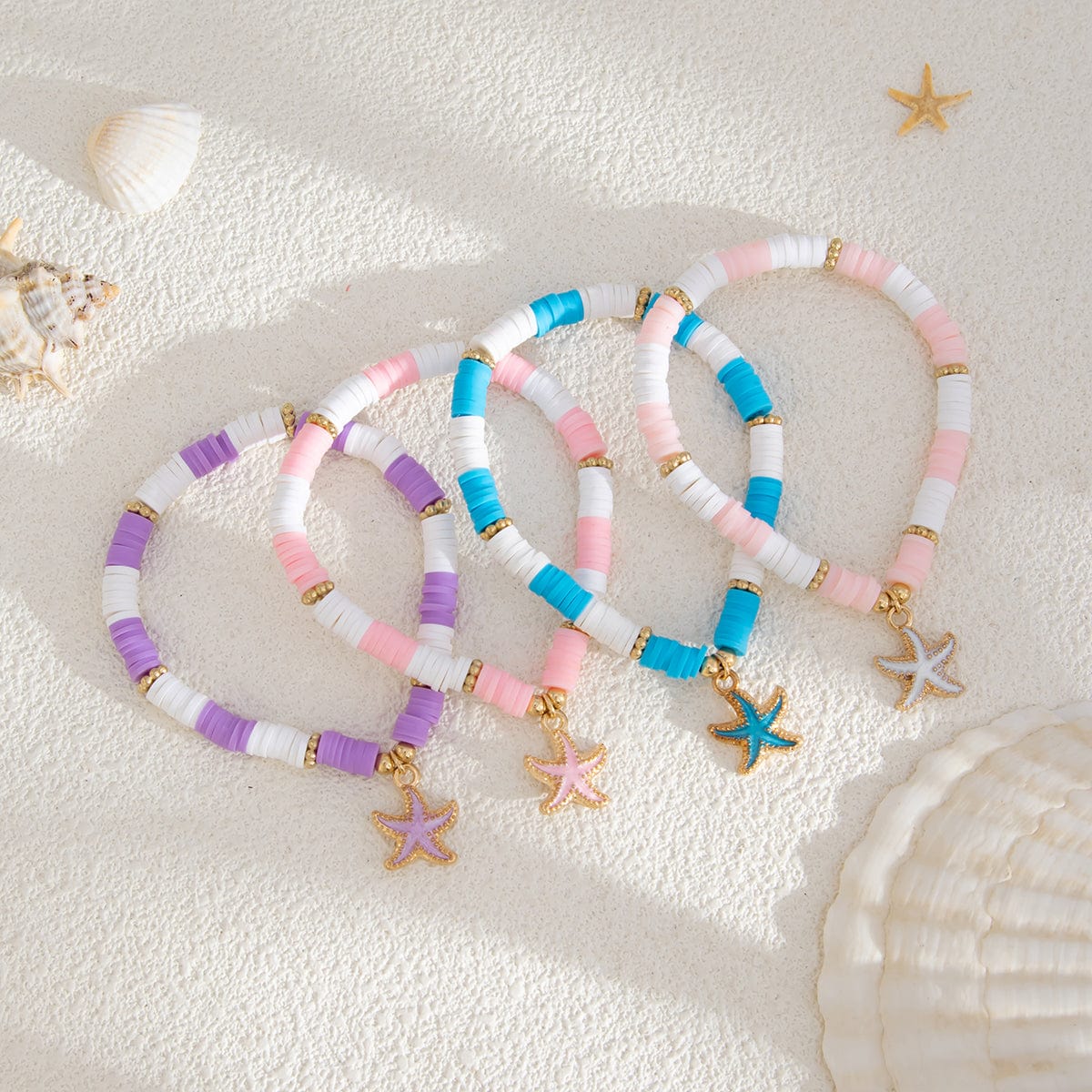 Boho 4pcs Enamel Starfish Charm Polymer Clay Beaded Bracelet Set - ArtGalleryZen