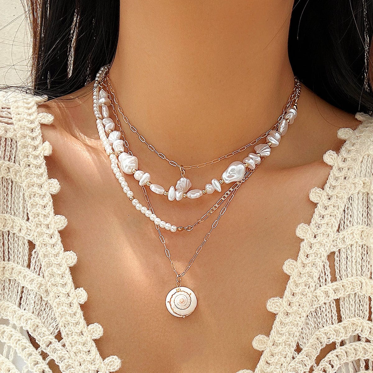 Boho 4Pcs Sea Shell Pendant Pearl Chain Necklace Set