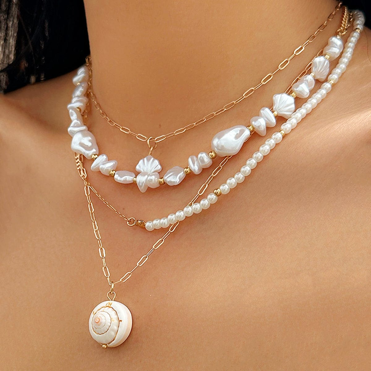 Boho 4Pcs Sea Shell Pendant Pearl Chain Necklace Set