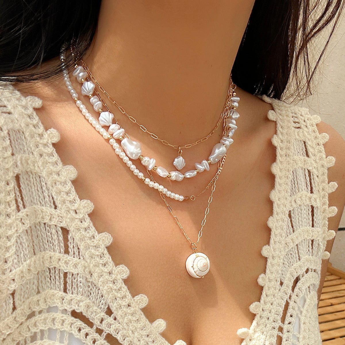 Boho 4Pcs Sea Shell Pendant Pearl Chain Necklace Set