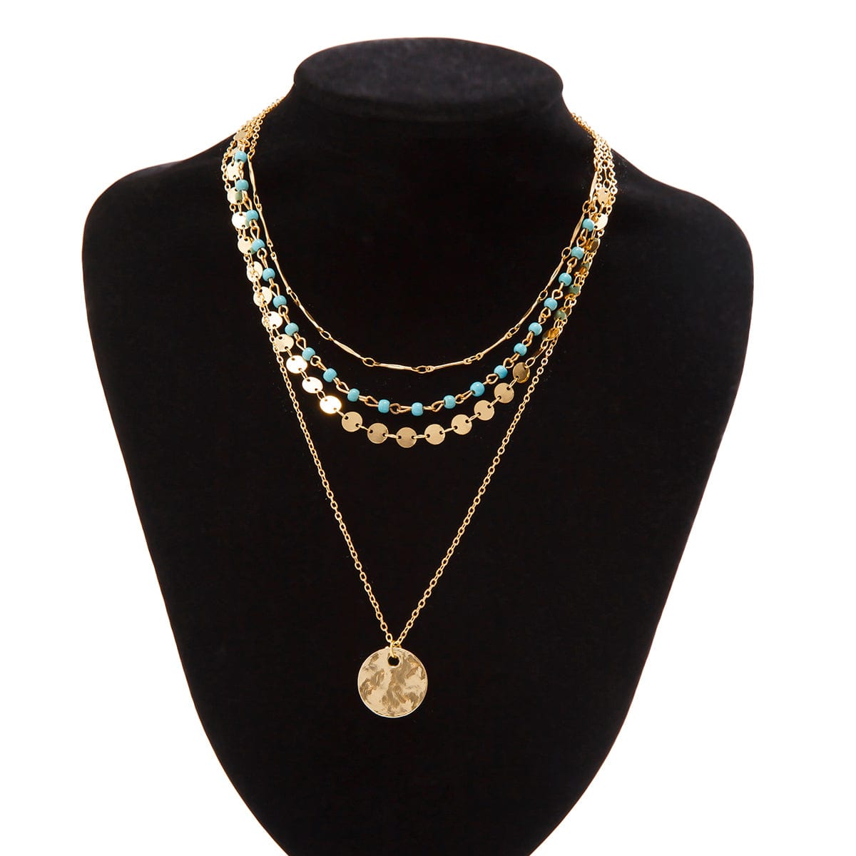 Boho 4pcs Textured Round Disk Pendant Turquoise Chain Necklace Set