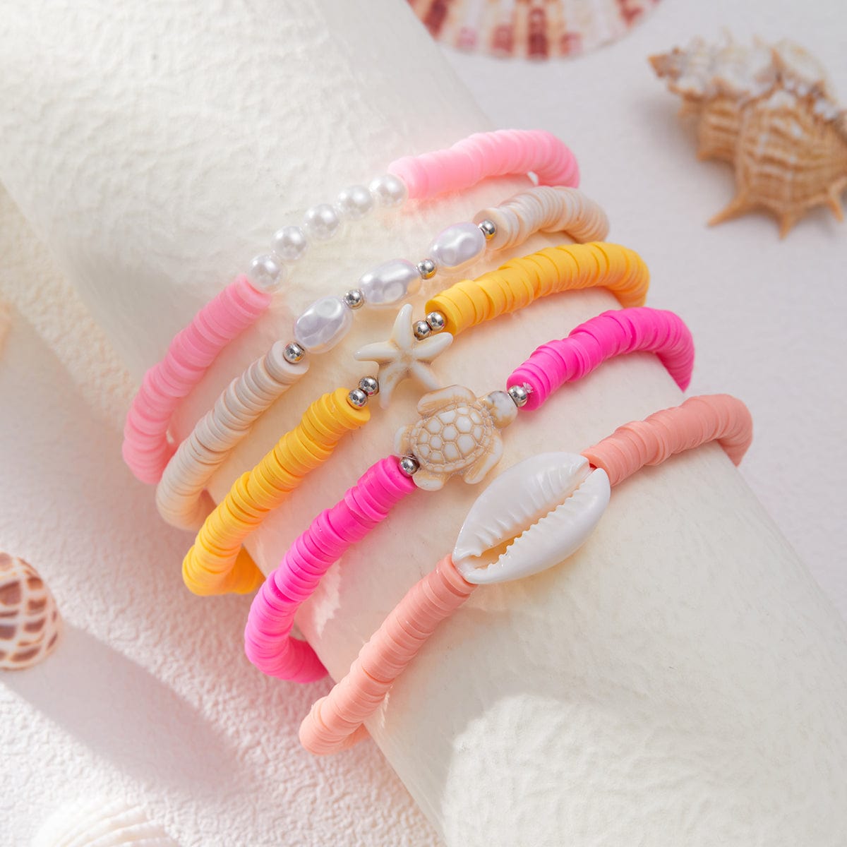Boho 5pcs Conch Starfish Turtle Charm Pearl Polymer Clay Beaded Anklet Set - ArtGalleryZen