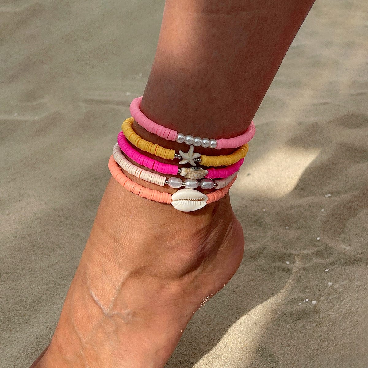 Boho 5pcs Conch Starfish Turtle Charm Pearl Polymer Clay Beaded Anklet Set - ArtGalleryZen