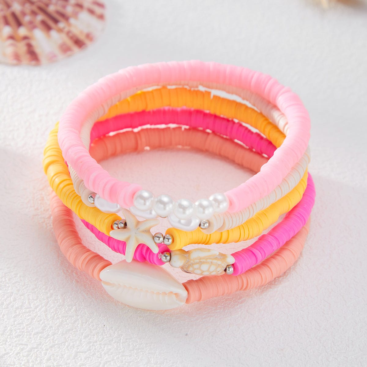Boho 5pcs Conch Starfish Turtle Charm Pearl Polymer Clay Beaded Anklet Set - ArtGalleryZen