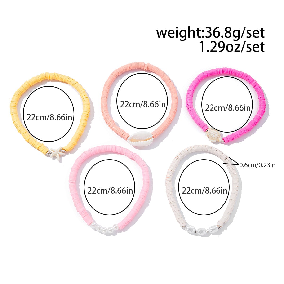 Boho 5pcs Conch Starfish Turtle Charm Pearl Polymer Clay Beaded Anklet Set - ArtGalleryZen