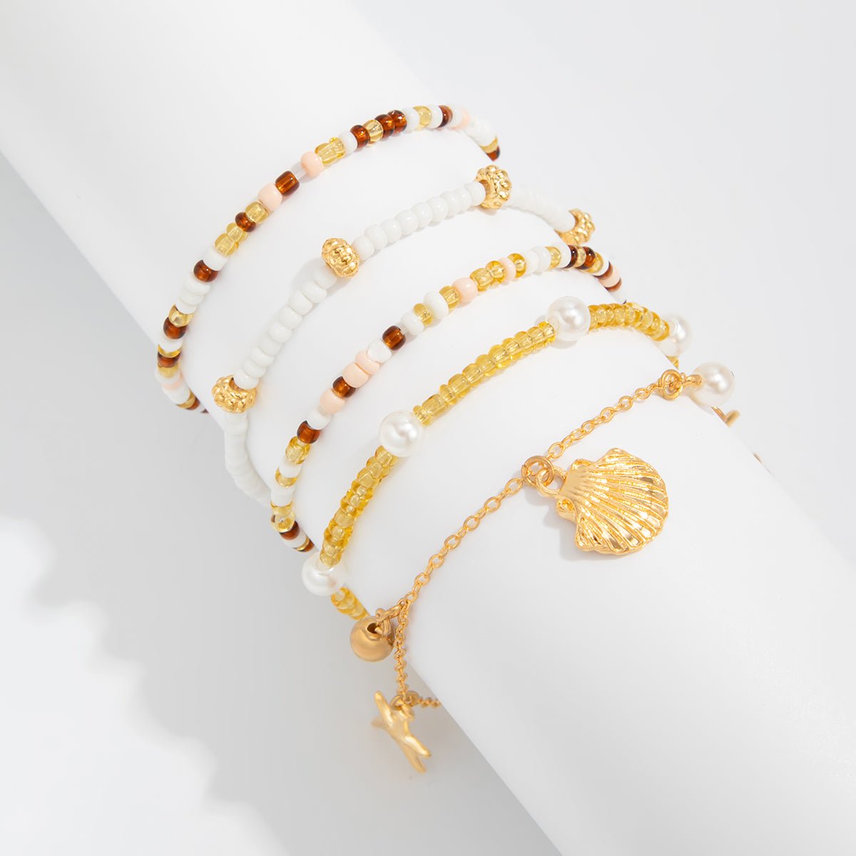 Boho 5pcs Shell Starfish Charm Pearl Seed Beaded Anklet Set - ArtGalleryZen