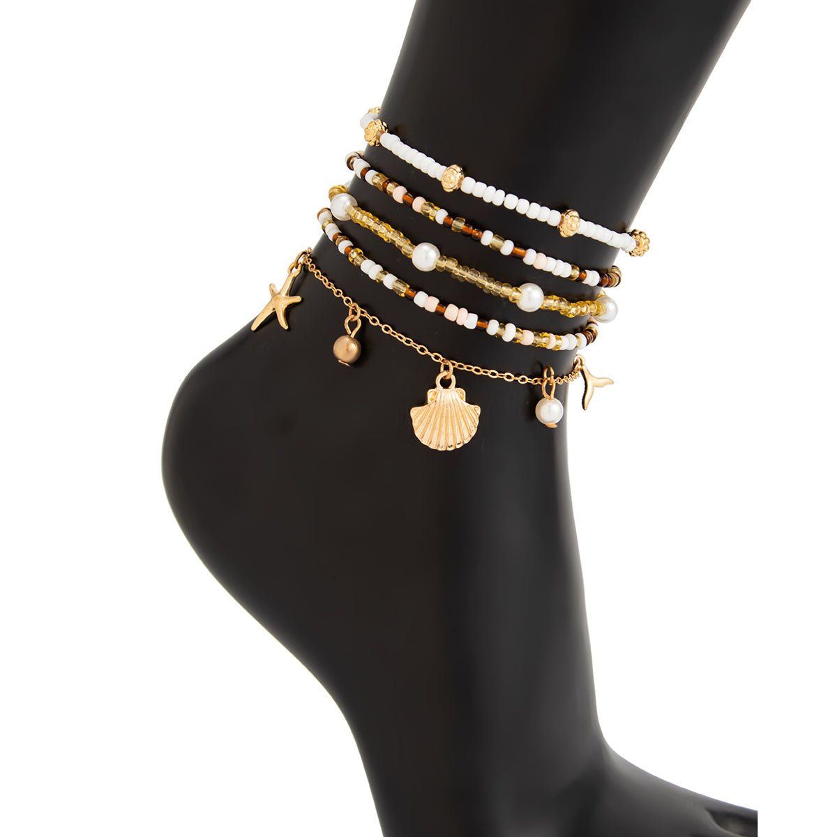 Boho 5pcs Shell Starfish Charm Pearl Seed Beaded Anklet Set - ArtGalleryZen
