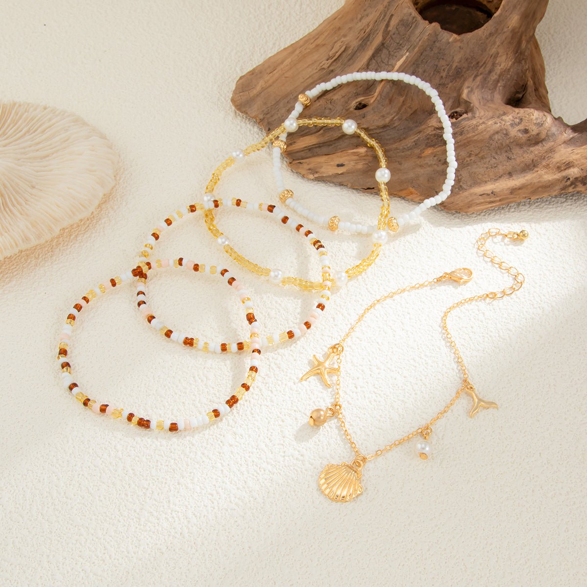 Boho 5pcs Shell Starfish Charm Pearl Seed Beaded Anklet Set - ArtGalleryZen