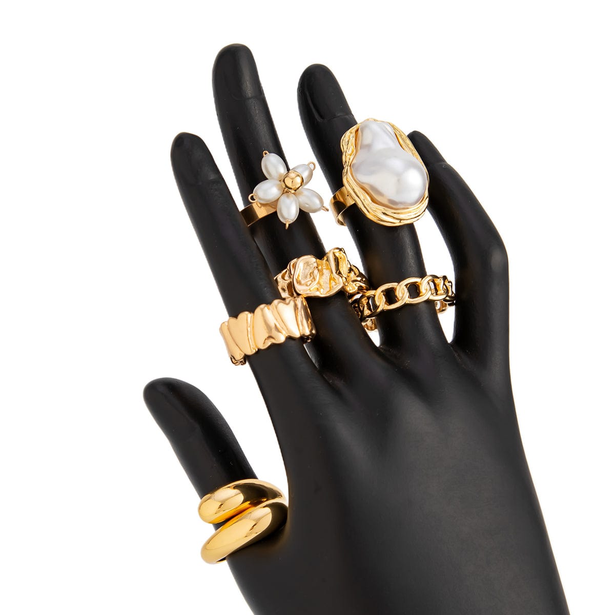 Boho 6pcs Pearl Flower Heart Pleated Ring Set - ArtGalleryZen