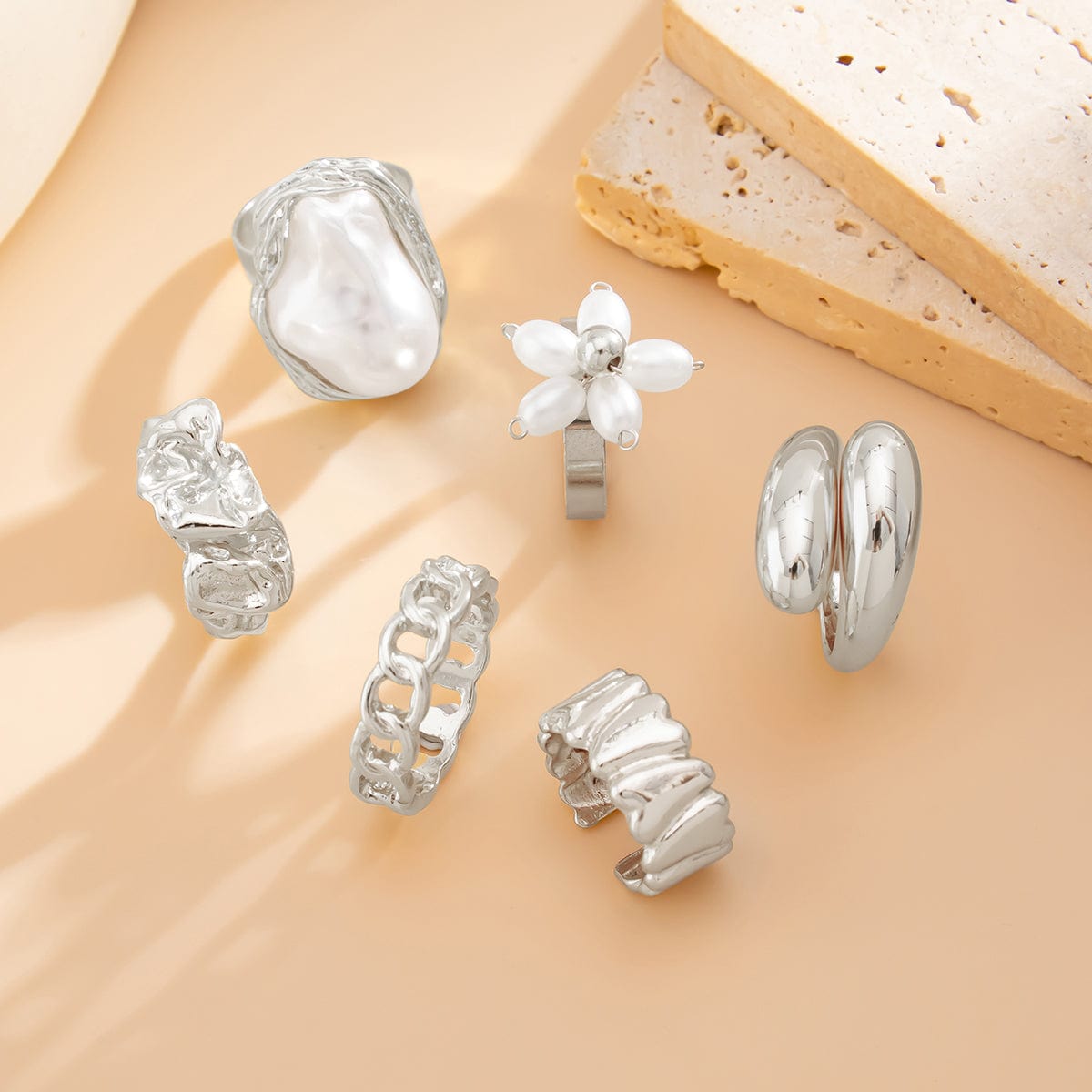 Boho 6pcs Pearl Flower Heart Pleated Ring Set - ArtGalleryZen