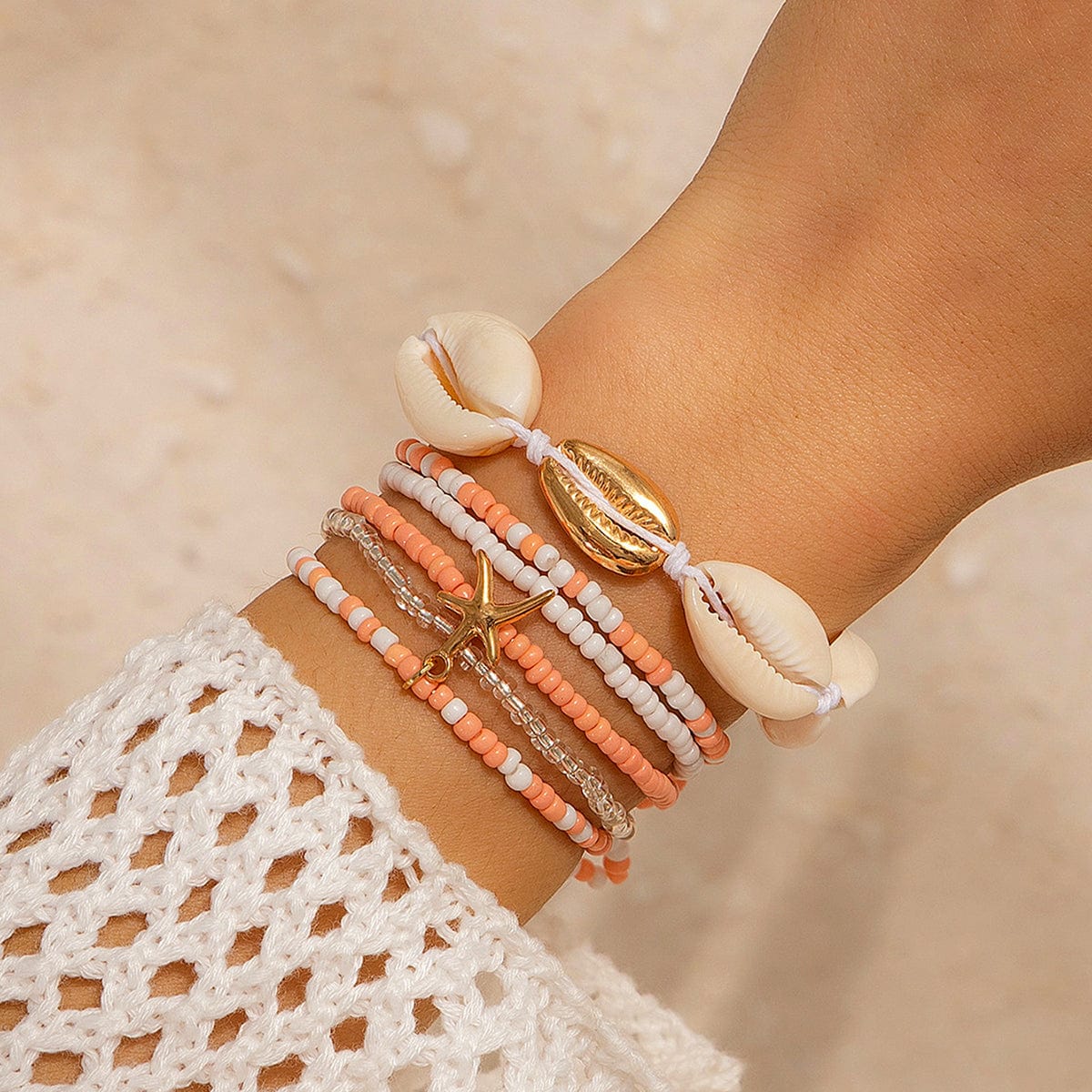 Boho 6Pcs Shell Starfish Charm Crystal Beaded Stackable Bracelet Set