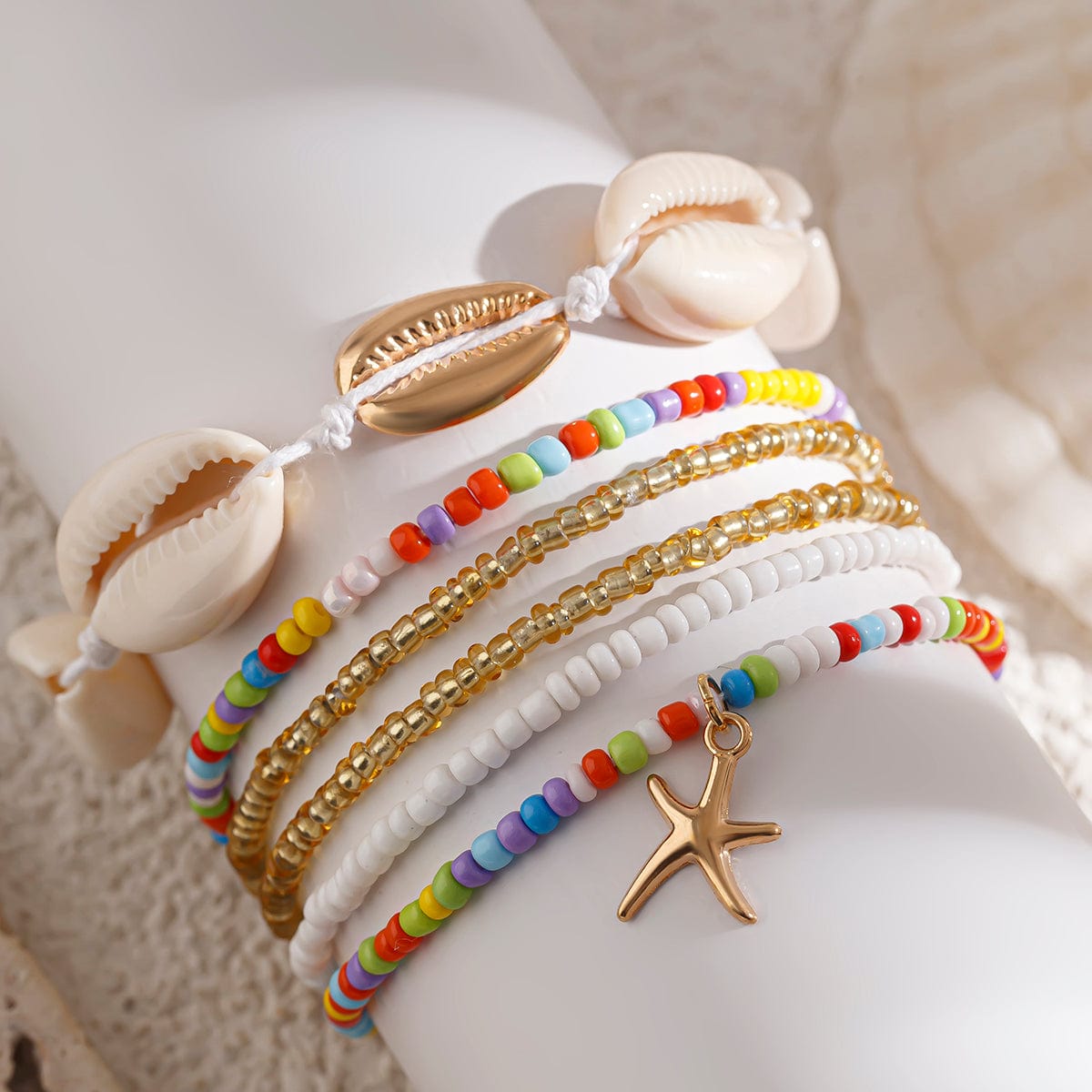 Boho 6Pcs Shell Starfish Charm Crystal Beaded Stackable Bracelet Set