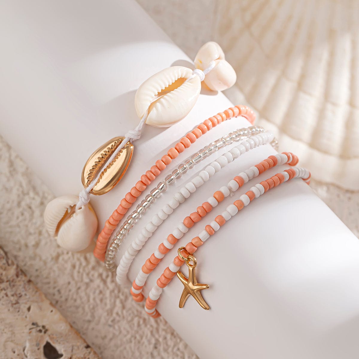 Boho 6Pcs Shell Starfish Charm Crystal Beaded Stackable Bracelet Set