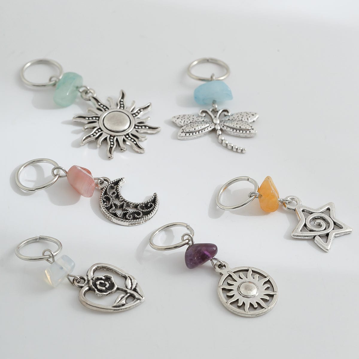 Boho 6Pcs Turquoise Stone Sun Moon Star Dragonfly Floral Heart Charm Hair Braids Ring Set - ArtGalleryZen