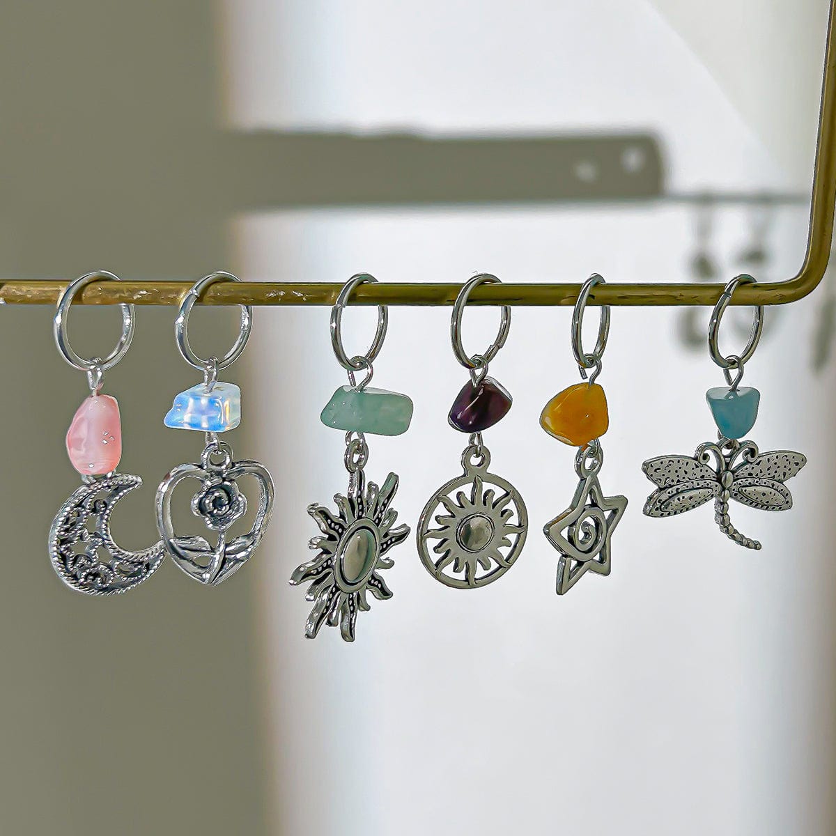 Boho 6Pcs Turquoise Stone Sun Moon Star Dragonfly Floral Heart Charm Hair Braids Ring Set - ArtGalleryZen