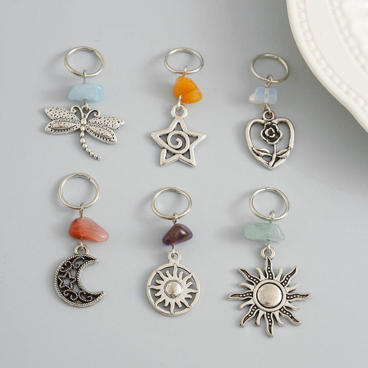 Boho 6Pcs Turquoise Stone Sun Moon Star Dragonfly Floral Heart Charm Hair Braids Ring Set - ArtGalleryZen