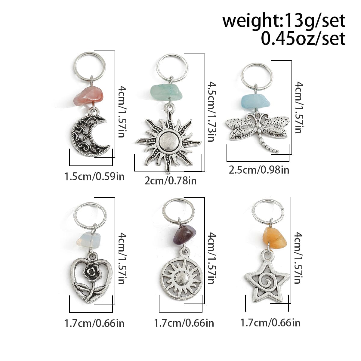 Boho 6Pcs Turquoise Stone Sun Moon Star Dragonfly Floral Heart Charm Hair Braids Ring Set - ArtGalleryZen