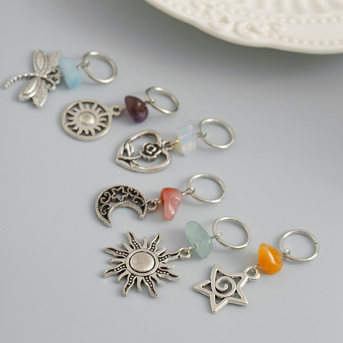 Boho 6Pcs Turquoise Stone Sun Moon Star Dragonfly Floral Heart Charm Hair Braids Ring Set