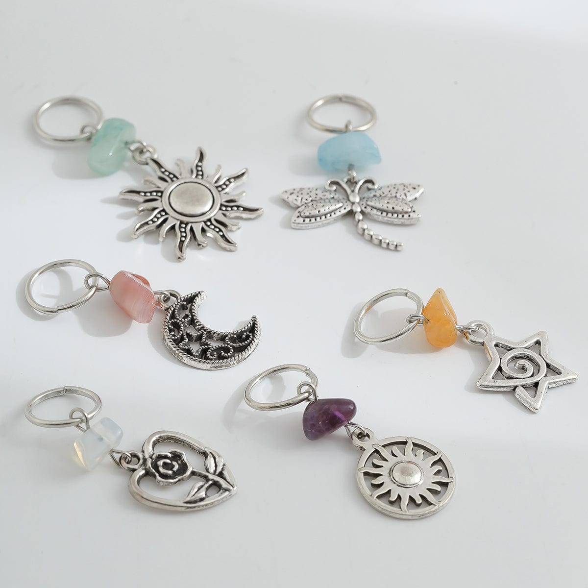 Boho 6Pcs Turquoise Stone Sun Moon Star Dragonfly Floral Heart Charm Hair Braids Ring Set