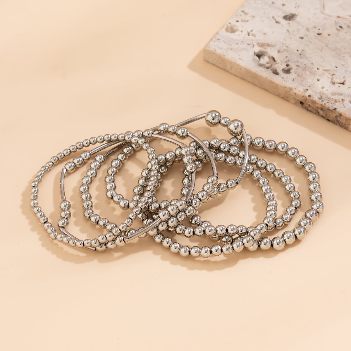 Boho 7 Pcs Silver Plated Ball Chain Stackable Bracelet Set - ArtGalleryZen