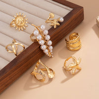 Thumbnail for Boho 7pcs Chunky Pearl Sun Starfish Hollow Ring Set - ArtGalleryZen