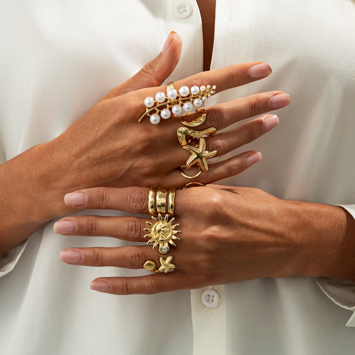 Boho 7pcs Chunky Pearl Sun Starfish Hollow Ring Set - ArtGalleryZen