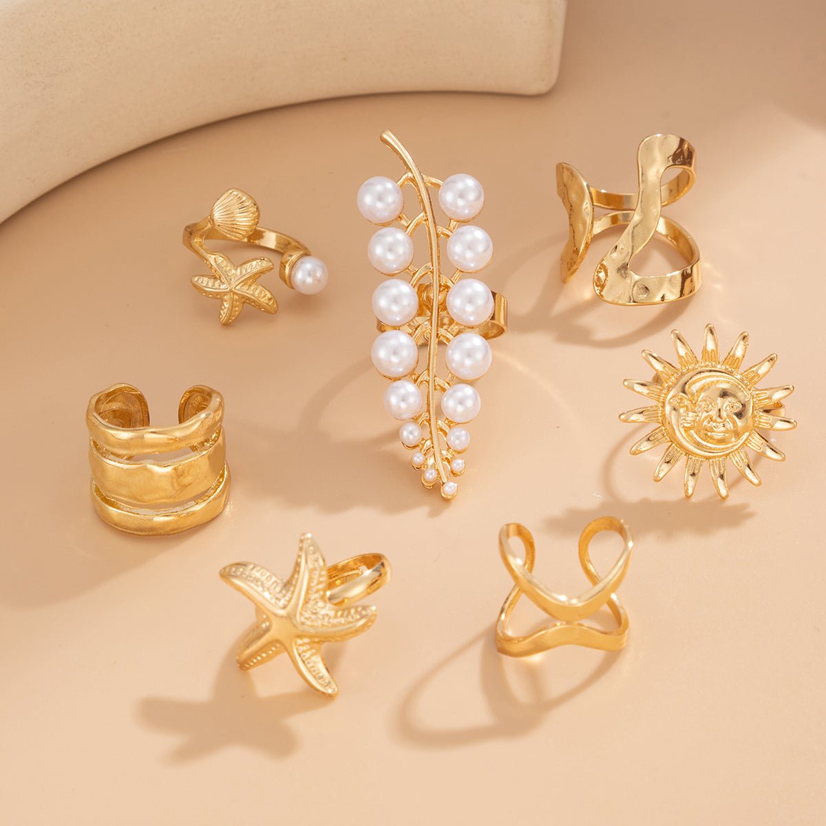 Boho 7pcs Chunky Pearl Sun Starfish Hollow Ring Set - ArtGalleryZen