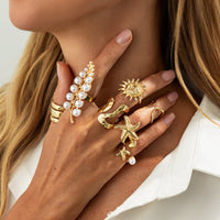 Thumbnail for Boho 7pcs Chunky Pearl Sun Starfish Hollow Ring Set - ArtGalleryZen