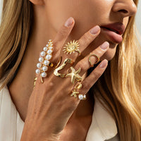 Thumbnail for Boho 7pcs Chunky Pearl Sun Starfish Hollow Ring Set - ArtGalleryZen