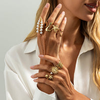 Thumbnail for Boho 7pcs Chunky Pearl Sun Starfish Hollow Ring Set - ArtGalleryZen