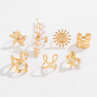 Thumbnail for Boho 7pcs Chunky Pearl Sun Starfish Hollow Ring Set - ArtGalleryZen