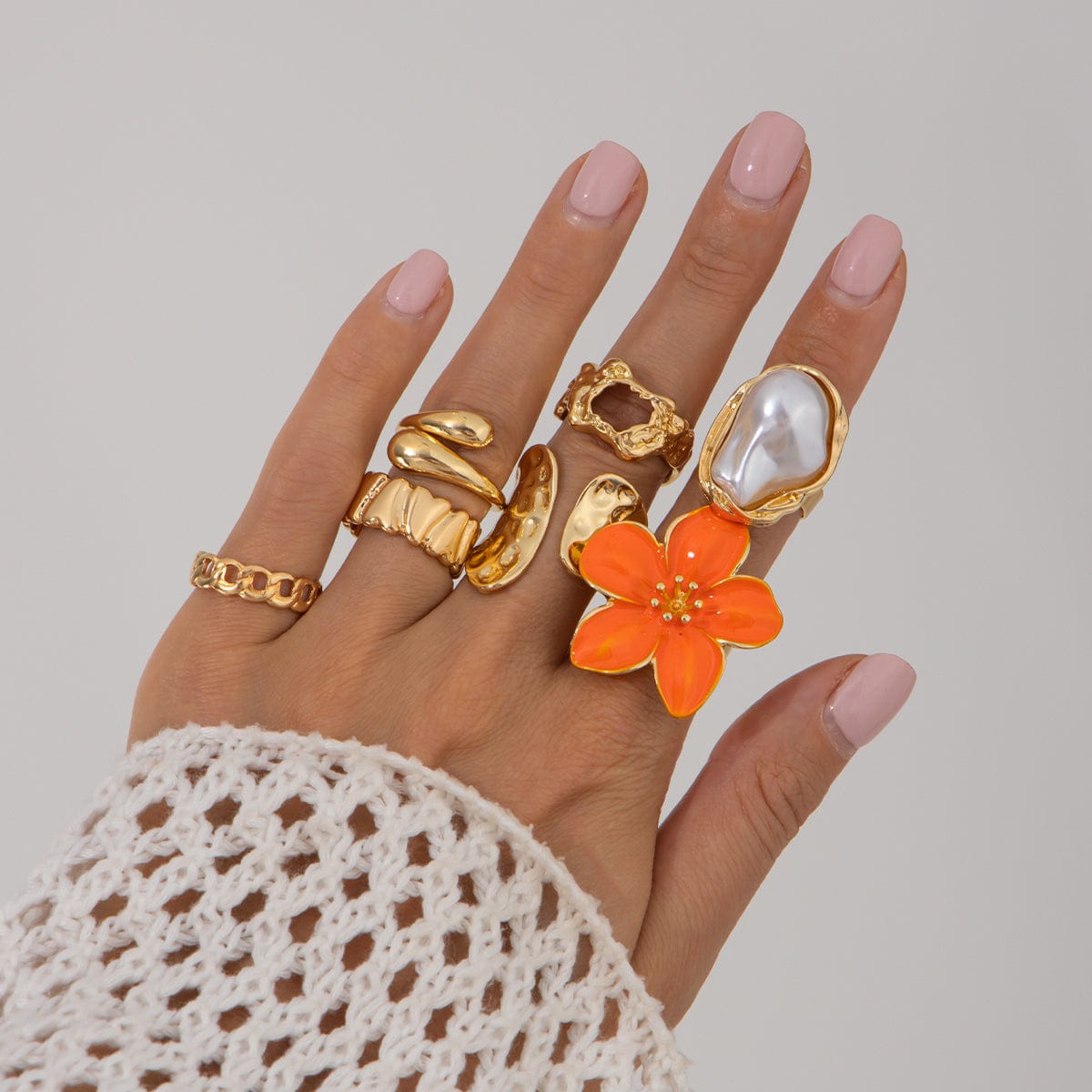 Boho 7pcs Enamel Flower Pearl Hollow Ring Set - ArtGalleryZen