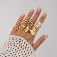 Thumbnail for Boho 7pcs Enamel Flower Pearl Hollow Ring Set - ArtGalleryZen