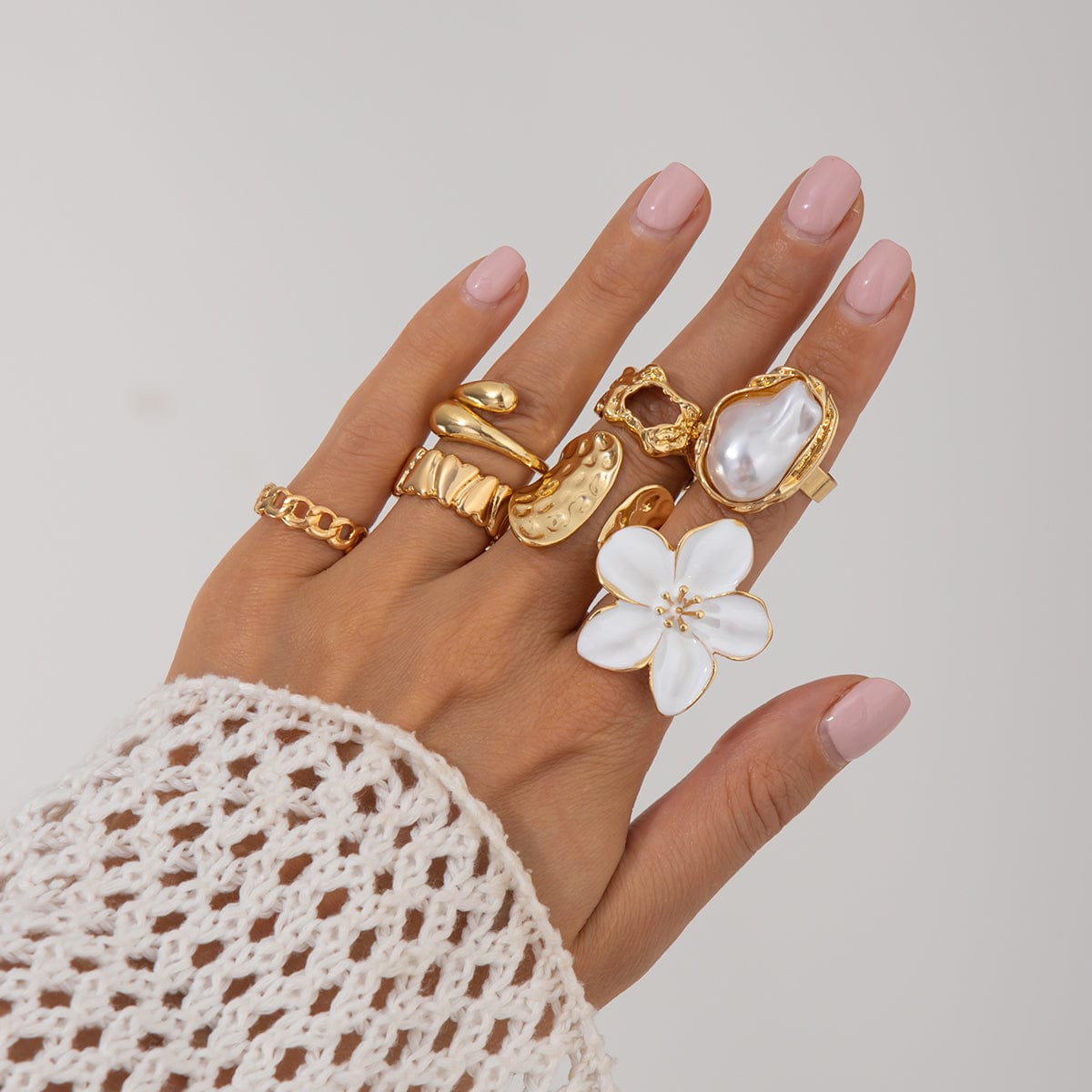 Boho 7pcs Enamel Flower Pearl Hollow Ring Set - ArtGalleryZen