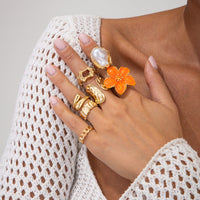 Thumbnail for Boho 7pcs Enamel Flower Pearl Hollow Ring Set - ArtGalleryZen