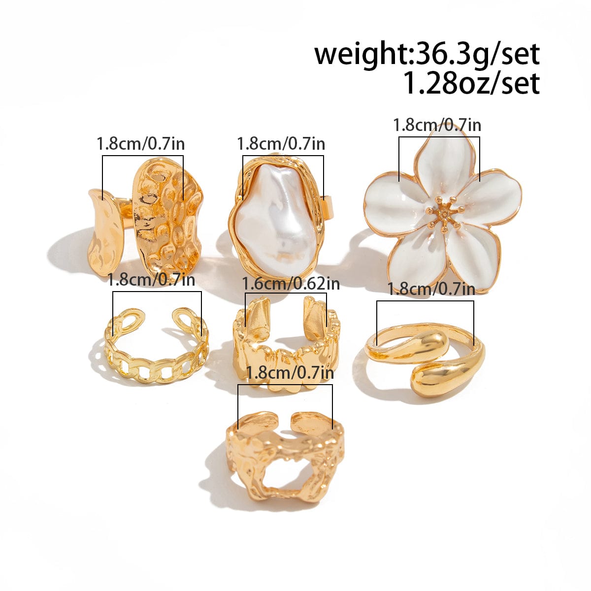 Boho 7pcs Enamel Flower Pearl Hollow Ring Set - ArtGalleryZen