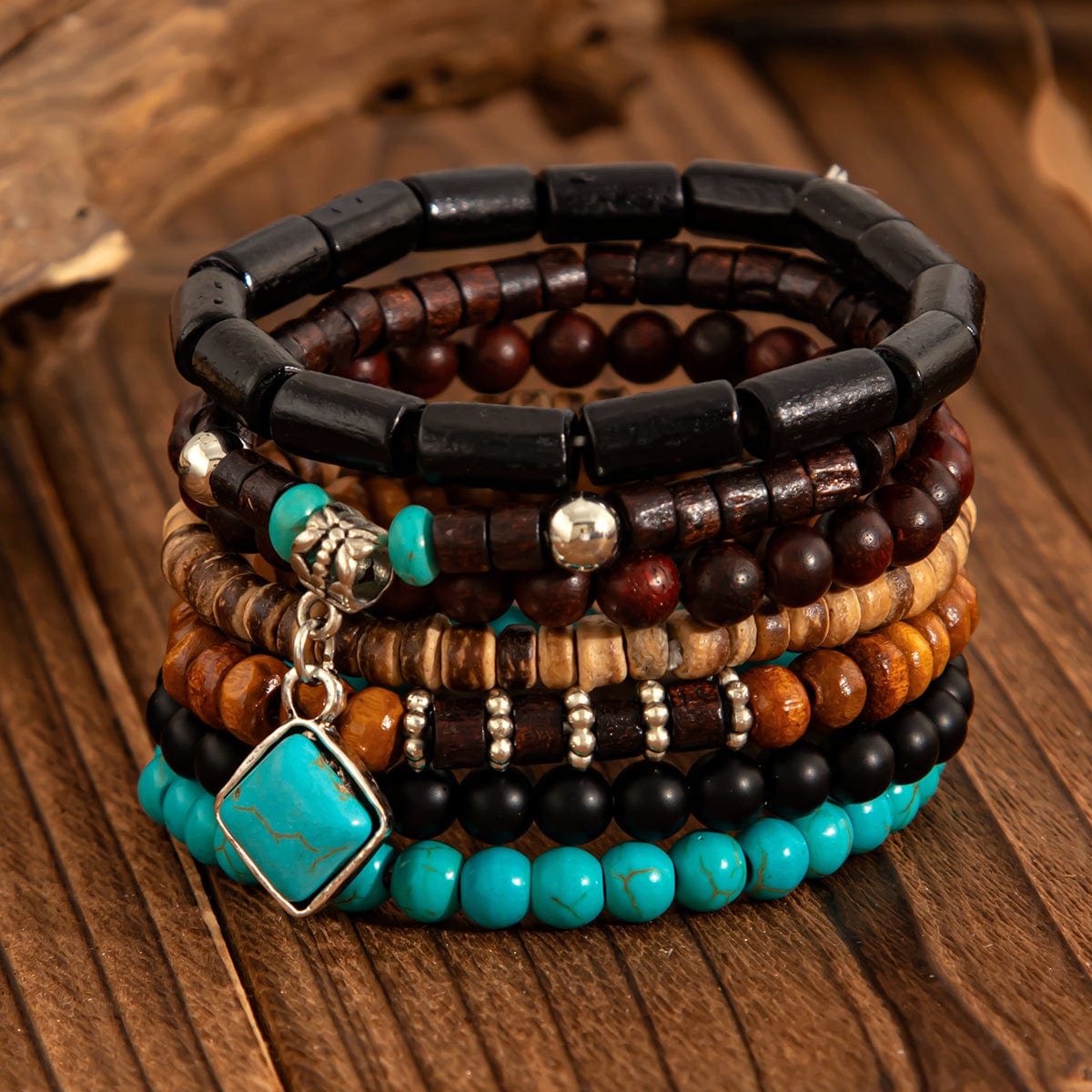 Boho 7pcs Turquoise Inlaid Square Charm Coconut Shell Wood Beaded Chain Bracelet Set - ArtGalleryZen
