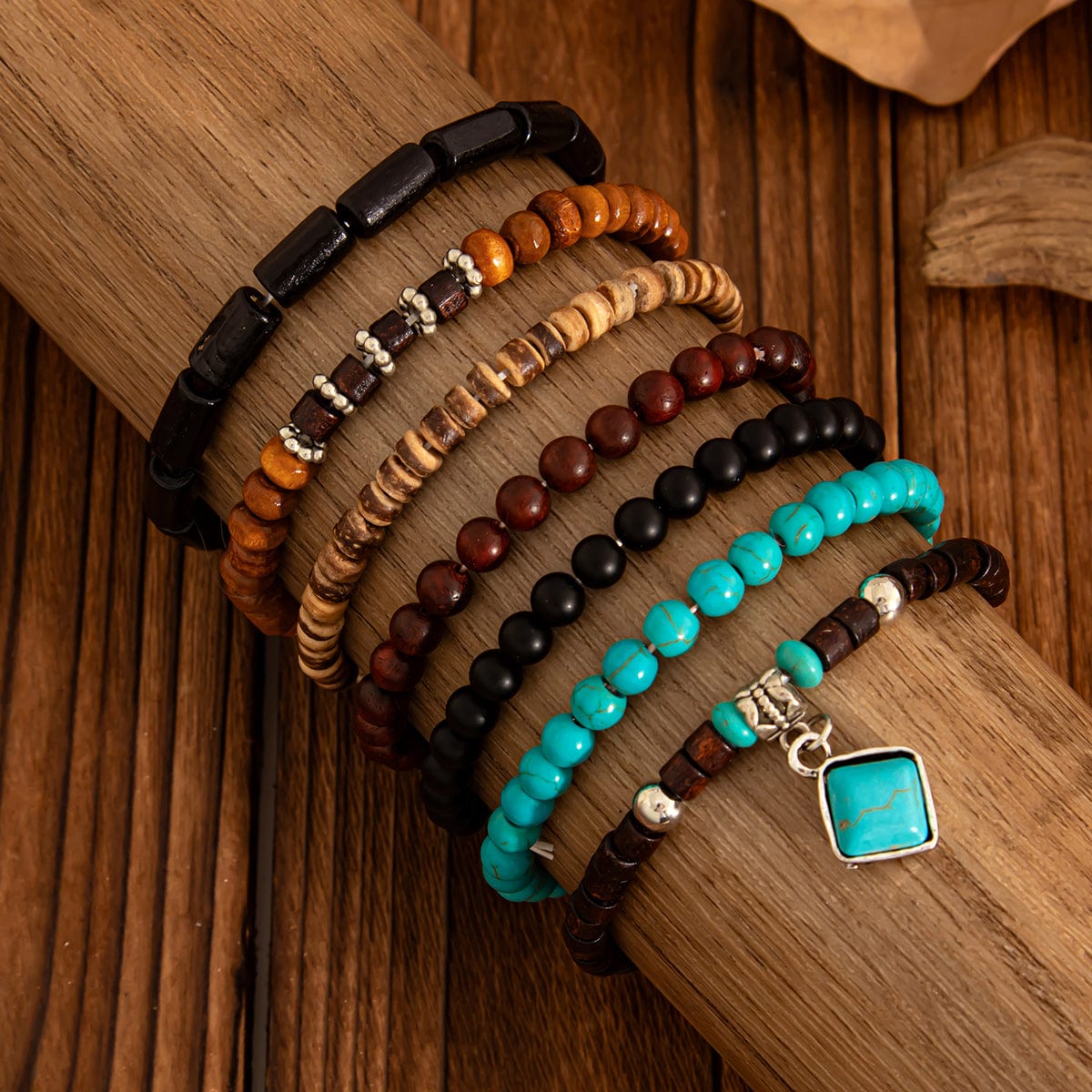 Boho 7pcs Turquoise Inlaid Square Charm Coconut Shell Wood Beaded Chain Bracelet Set - ArtGalleryZen