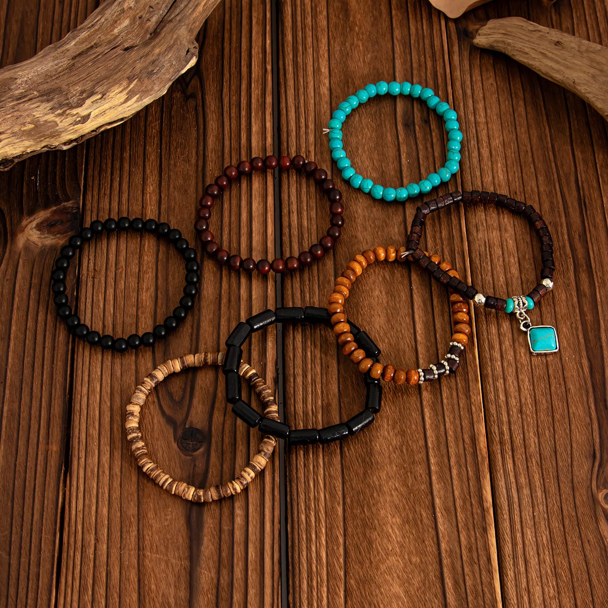 Boho 7pcs Turquoise Inlaid Square Charm Coconut Shell Wood Beaded Chain Bracelet Set - ArtGalleryZen