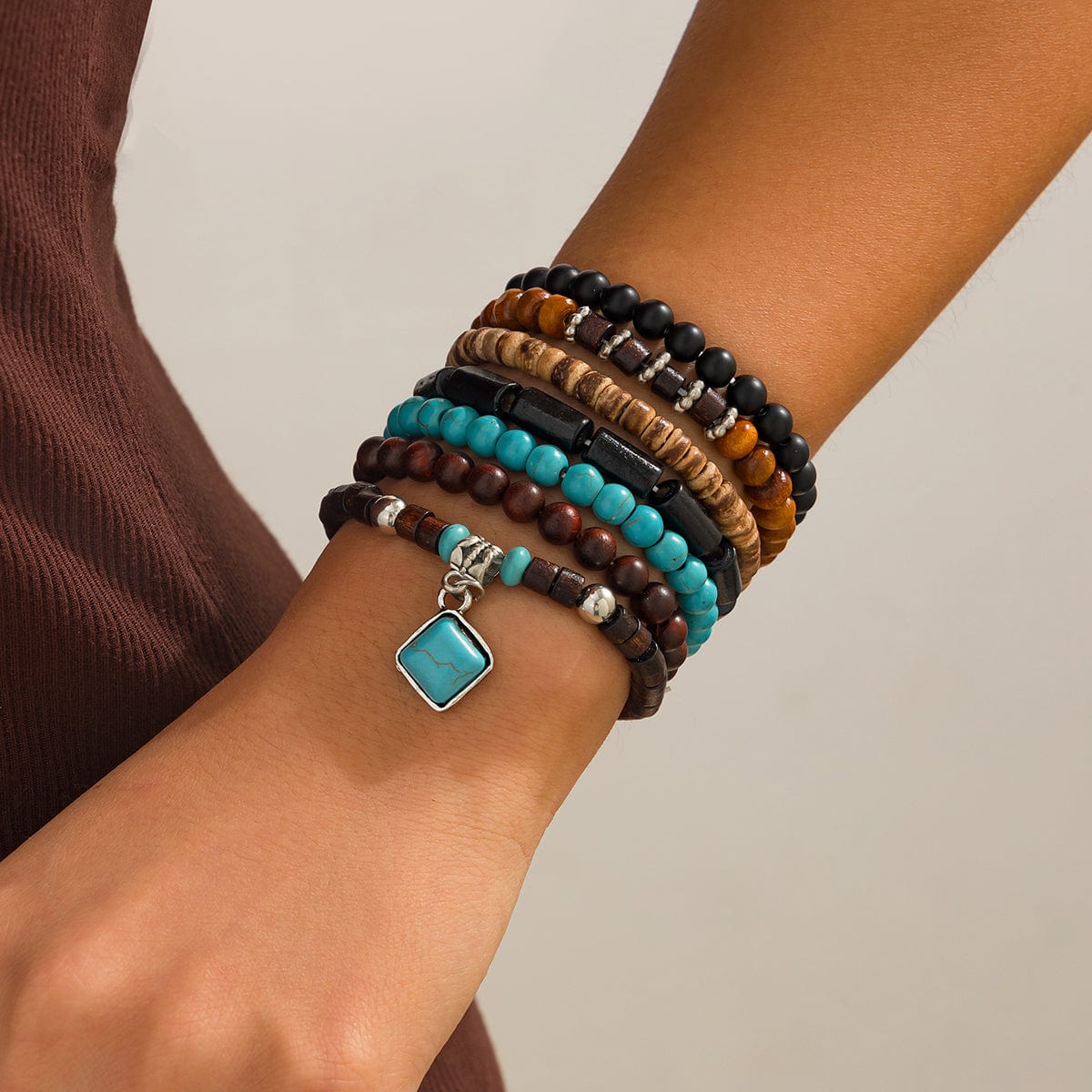 Boho 7pcs Turquoise Inlaid Square Charm Coconut Shell Wood Beaded Chain Bracelet Set - ArtGalleryZen