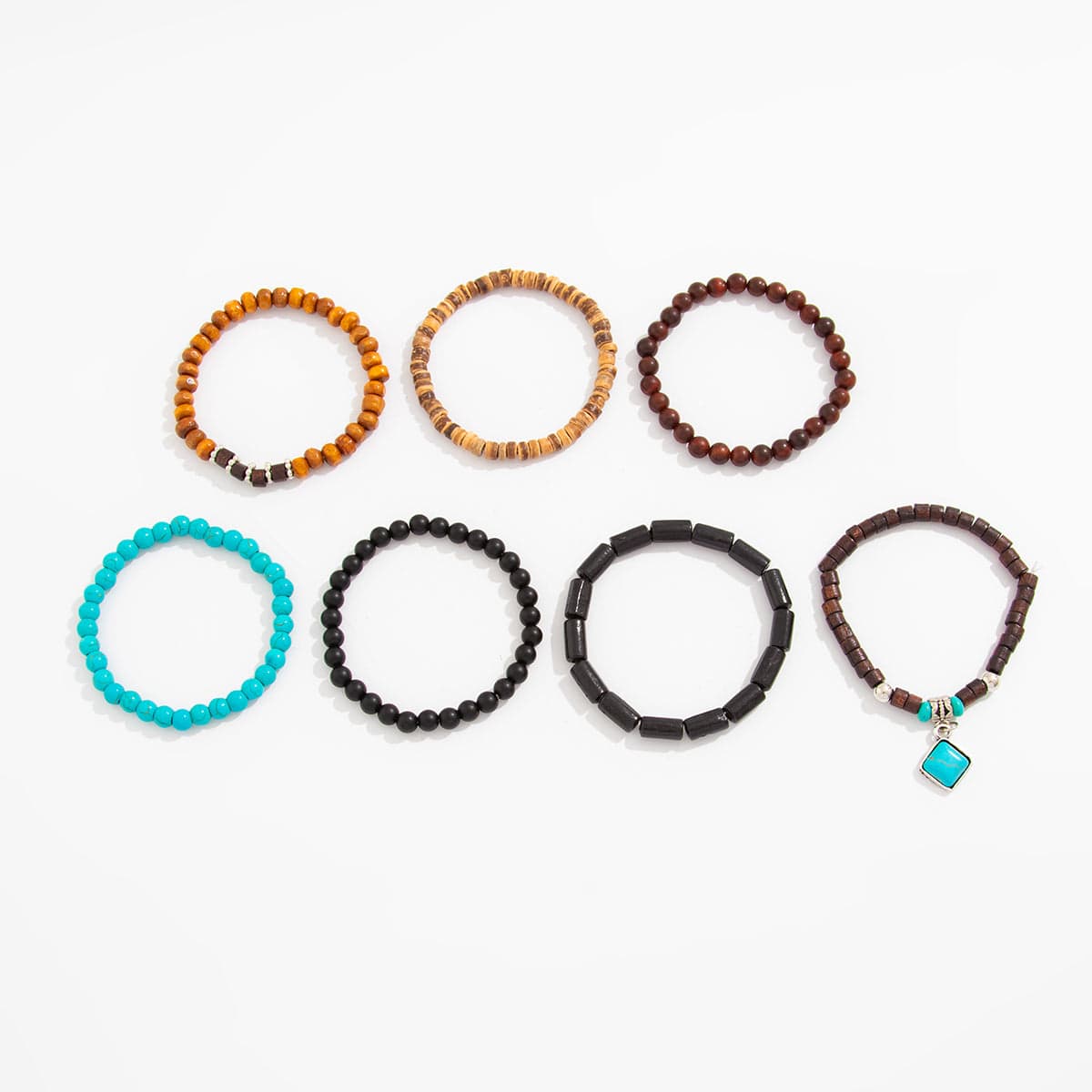 Boho 7pcs Turquoise Inlaid Square Charm Coconut Shell Wood Beaded Chain Bracelet Set - ArtGalleryZen